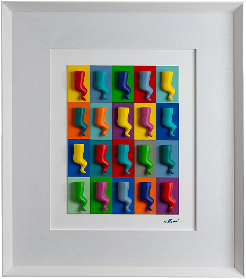 Corni - sculture colorate su quadro fondo bianco con cartoncino colorato e cornice artigianale italiana