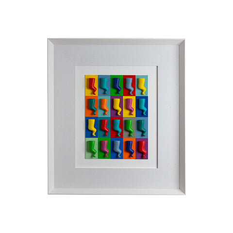 Horns - colored sculptures on a white background with colored cardboard and Italian handcrafted frame