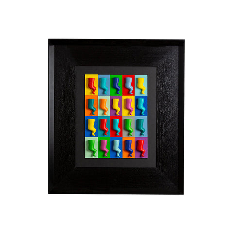 Horns - colored sculptures on a black background with colored cardboard and an Italian handcrafted frame