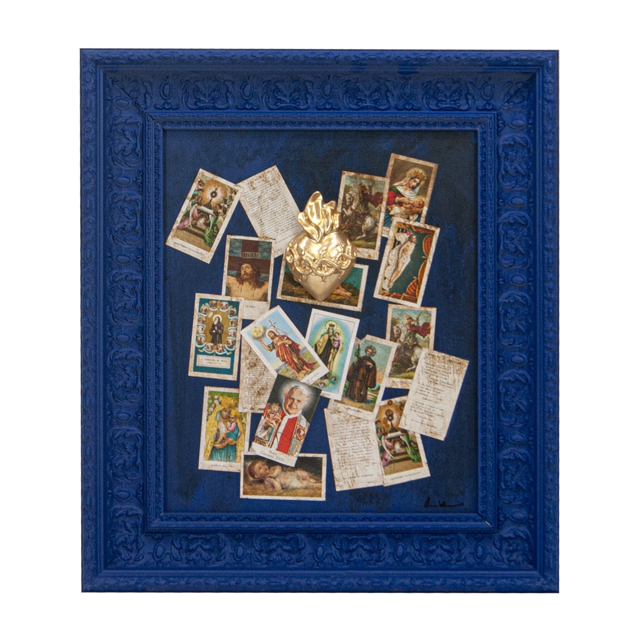 Devotion, votive aedicule - sculptures in colored resin with graphics on a blue background (vers. 59x69)