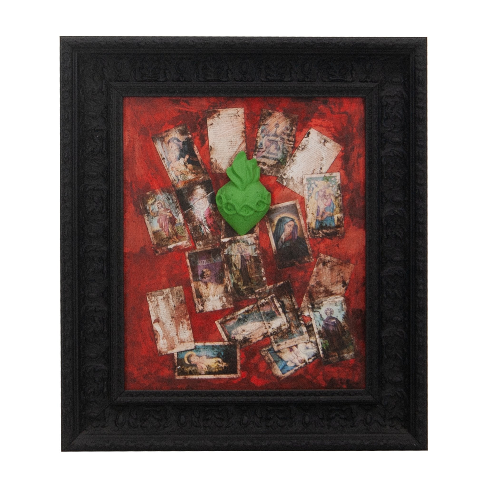 Devotion, votive aedicule - sculptures in colored resin with graphics on a black frame (vers. 59x69)