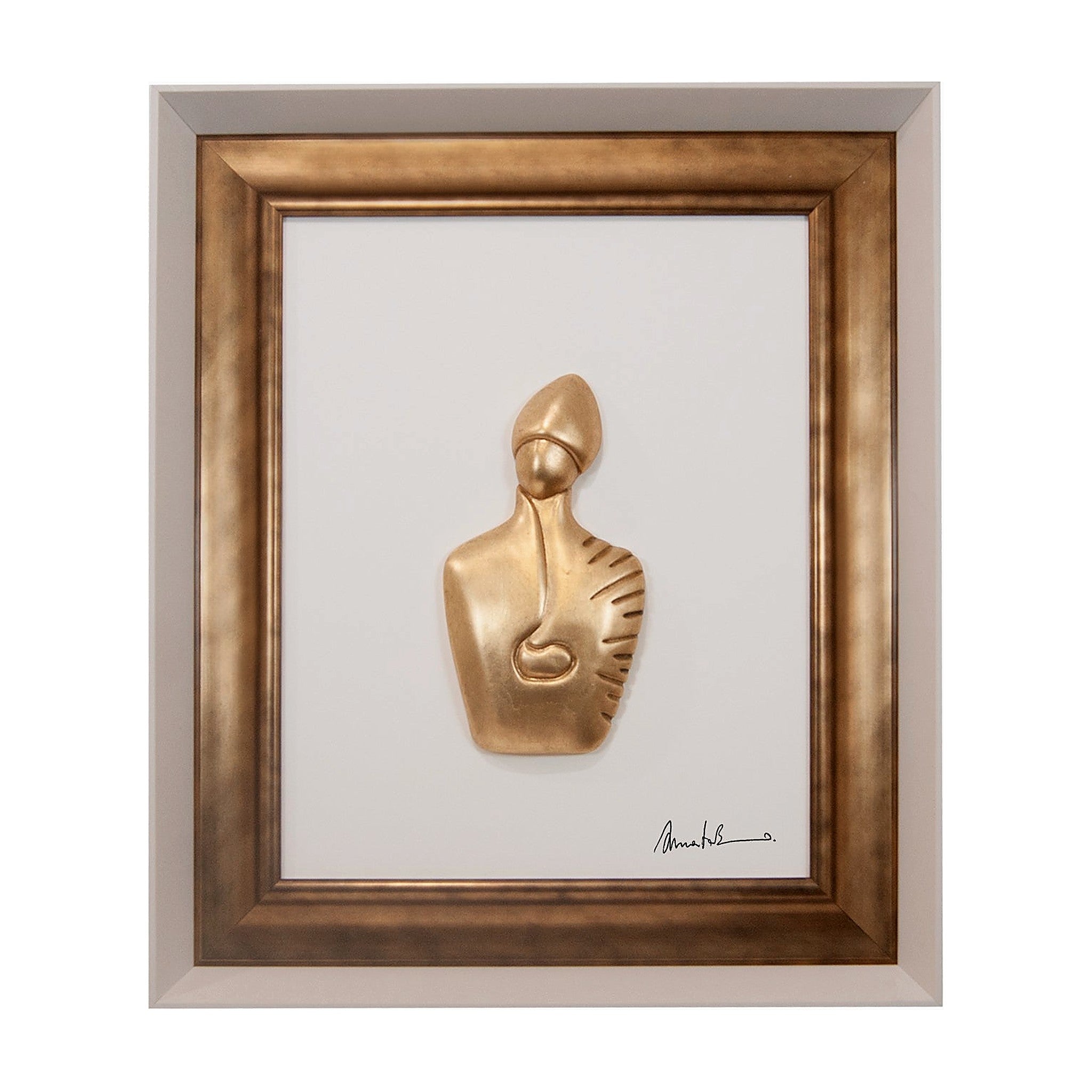 Il nuovo San Gennaro - scultura in resina foglia rame su quadro fondo bianco in doppia cornice bianca/oro