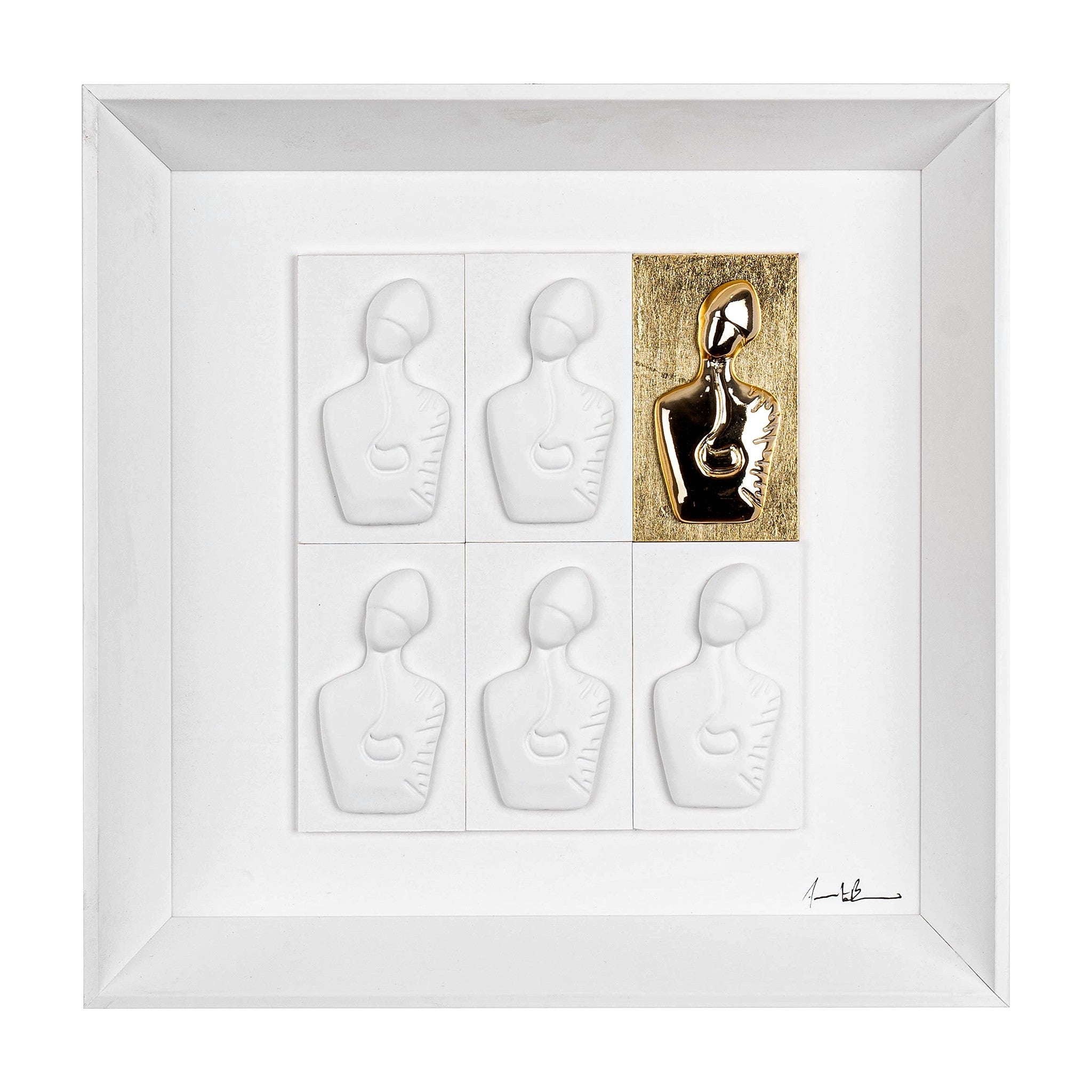 Il nuovo San Gennaro - sculture in resina colorata bianca e una oro su cartoncini bianchi e uno foglia oro quadro fondo bianco (vers.30x30)