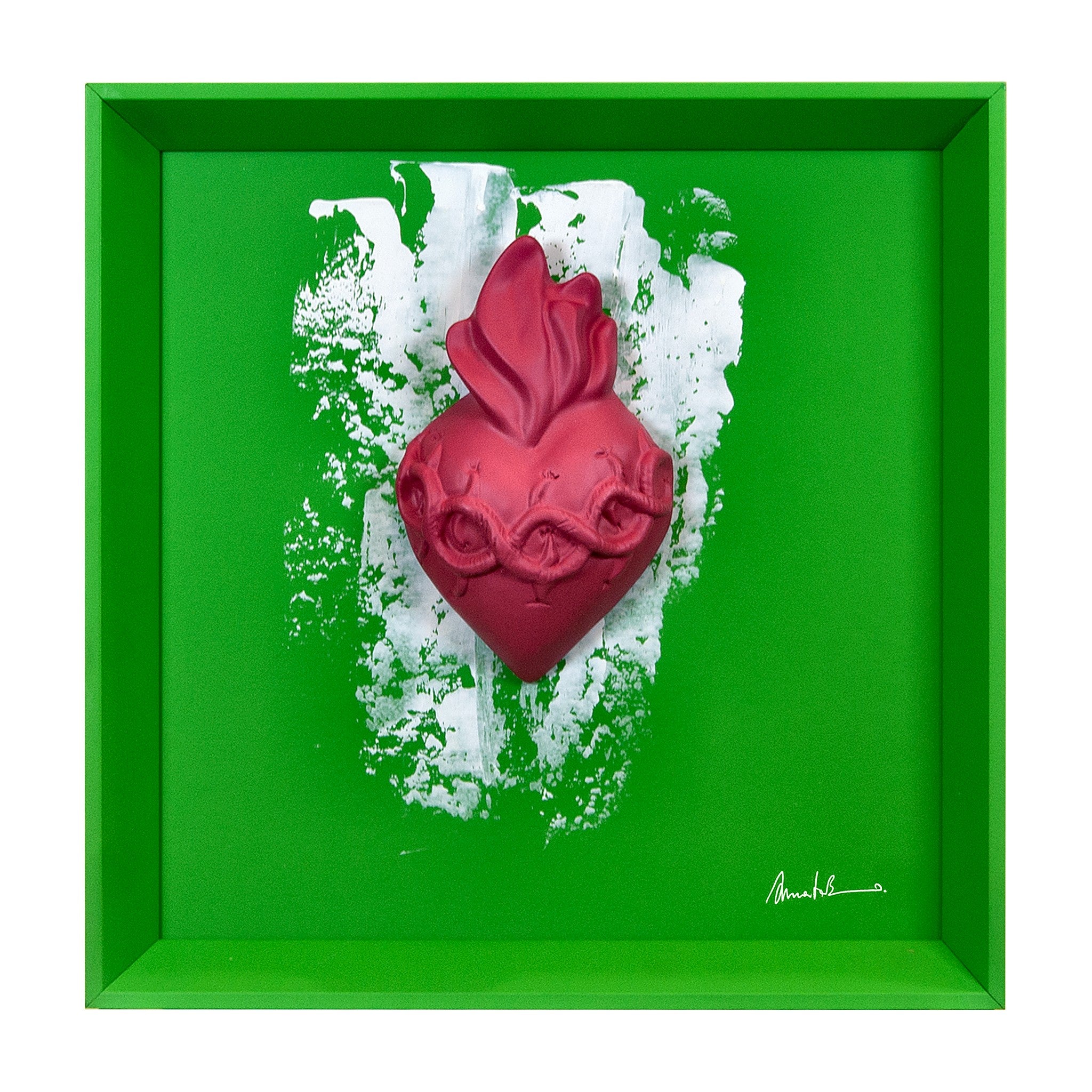 L'atu Core - scultura in resina colorata fuchsia su quadro con cornice artigianale in legno (vers. 30x30)