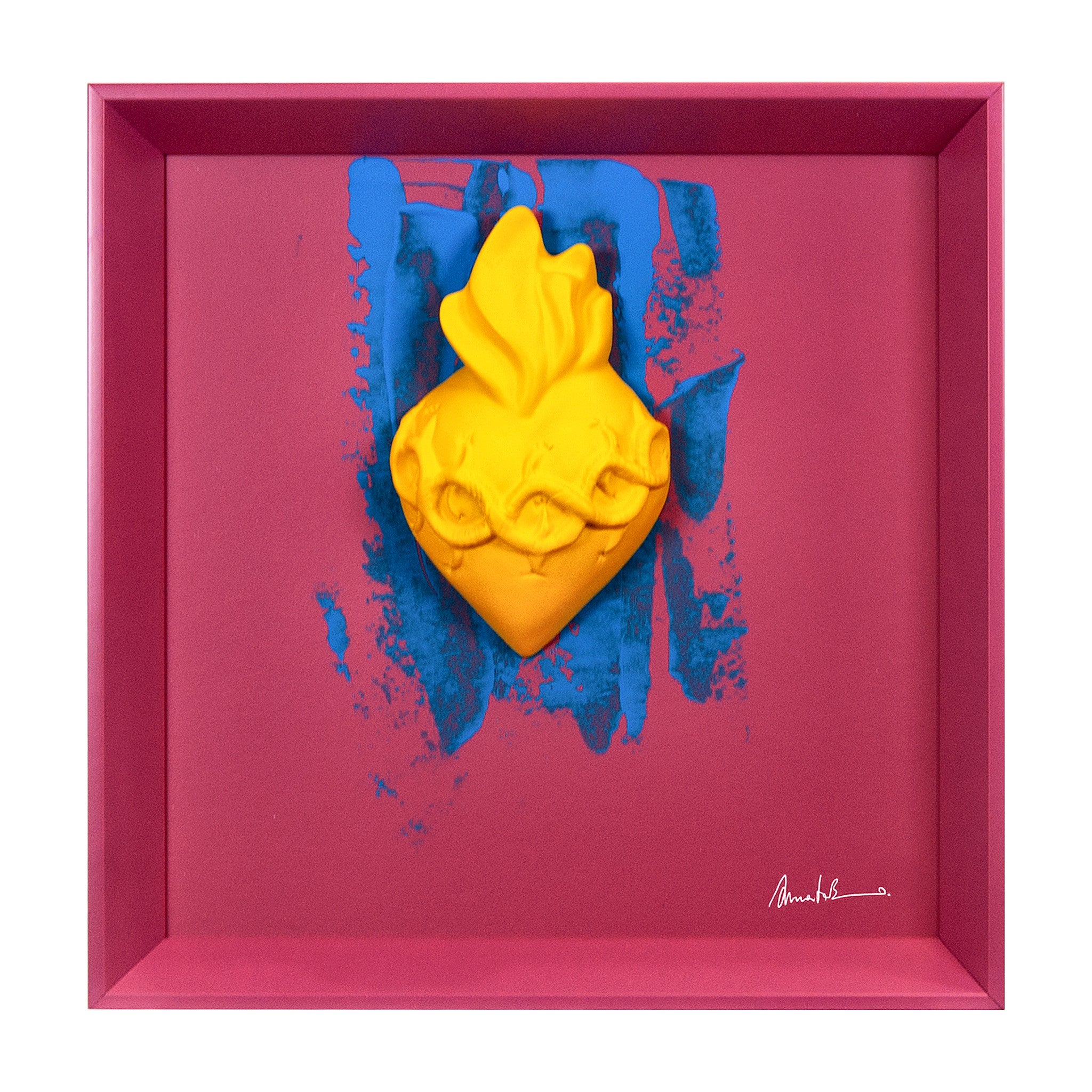 L'atu Core - scultura in resina colorata giallo su quadro con cornice artigianale in legno (vers. 30x30)