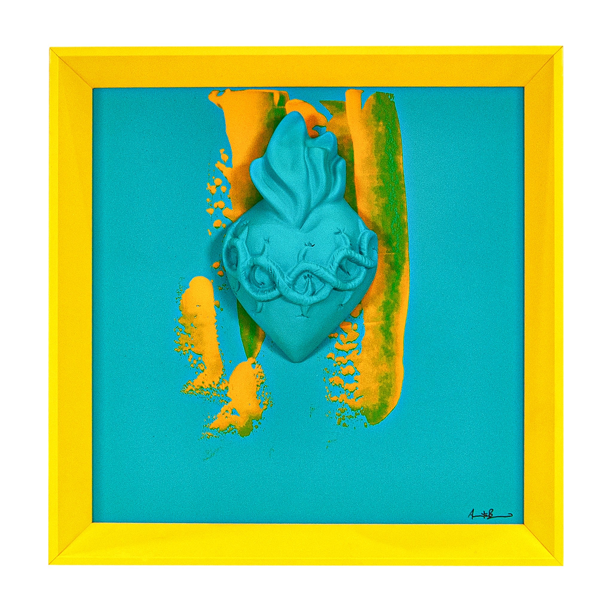 L'atu Core - scultura in resina colorata turchese su quadro con cornice artigianale in legno (vers. 30x30)