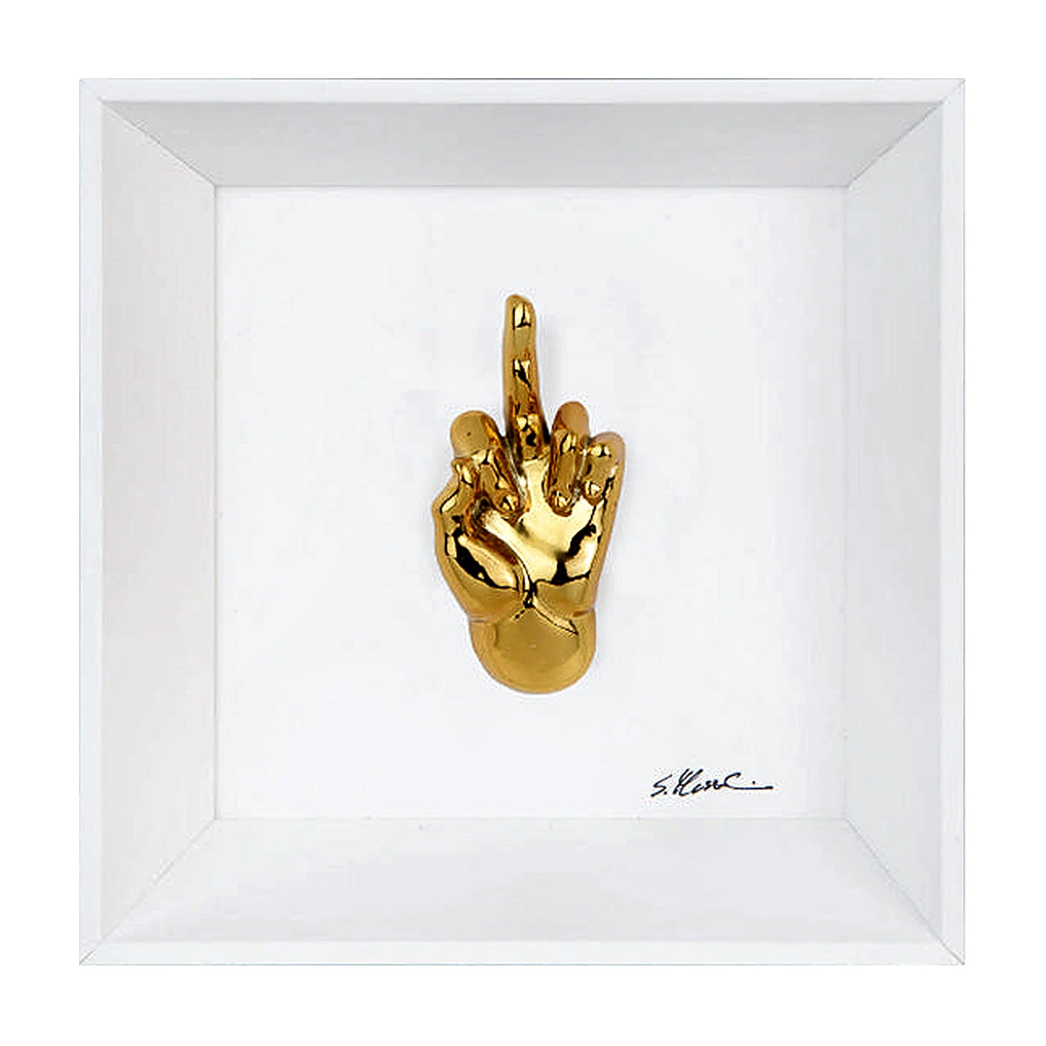 Ma Vafancul - il linguaggio delle mani con scultura in resina cromata su quadro fondo bianco con cornice artigianale italiana