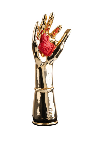 PGR Per Grazia Ricevuta - scultura in resina cromata dell'ex voto con cuore in resina colorata