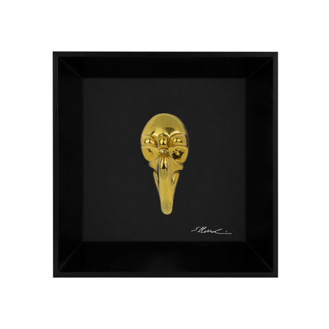 Pullecenella - la maschera di Napoli con scultura in resina cromata su quadro fondo nero con cornice artigianale italiana