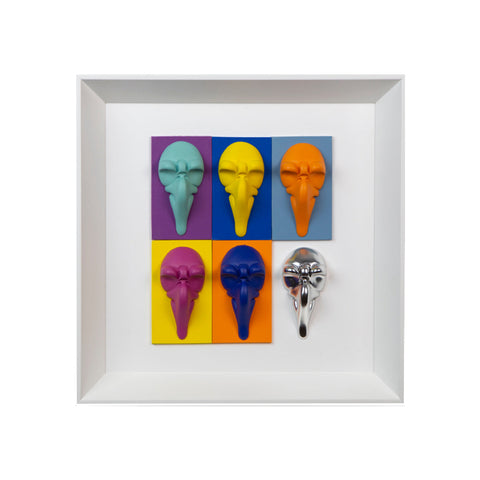 Pullecenella masks - sculptures in colored and chromed resin on colored cardboard and white background frame with Italian handcrafted frame