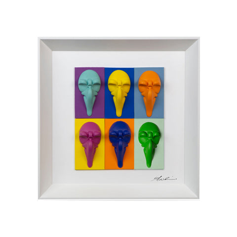 Pullecenella masks - sculptures in colored and chromed resin on colored cardboard and white background frame with Italian handcrafted frame