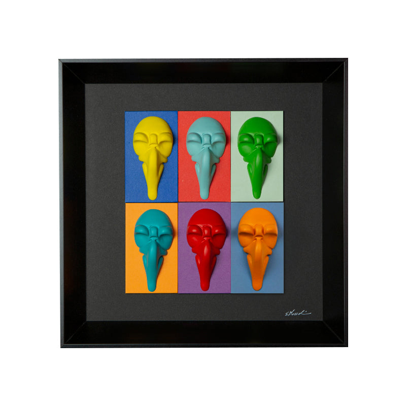 Pullecenella masks - sculptures in colored and chromed resin on colored cardboard and black background frame with Italian handcrafted frame