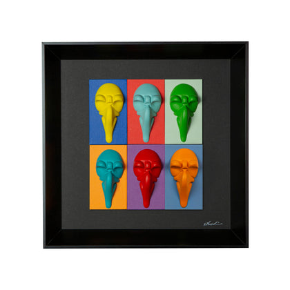 Maschere Pullecenella - sculture in resina colorata e cromata su cartoncino colorato e quadro fondo nero con cornice artigianale italiana