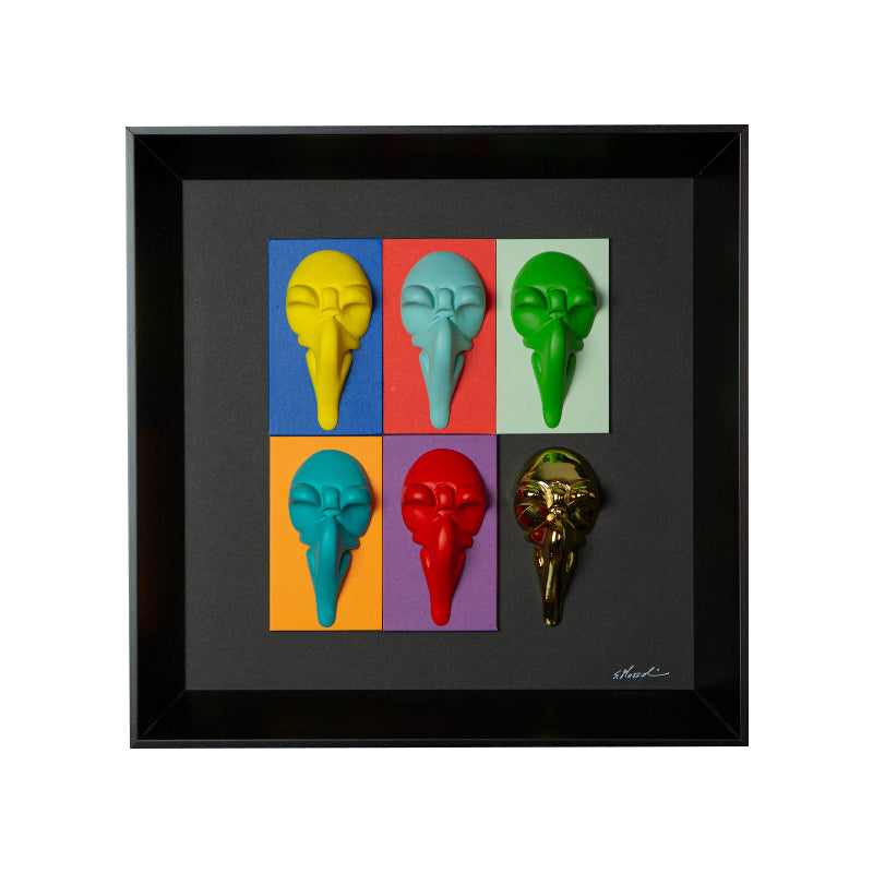 Pullecenella masks - sculptures in colored and chromed resin on colored cardboard and black background frame with Italian handcrafted frame