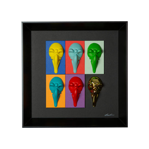 Pullecenella masks - sculptures in colored and chromed resin on colored cardboard and black background frame with Italian handcrafted frame