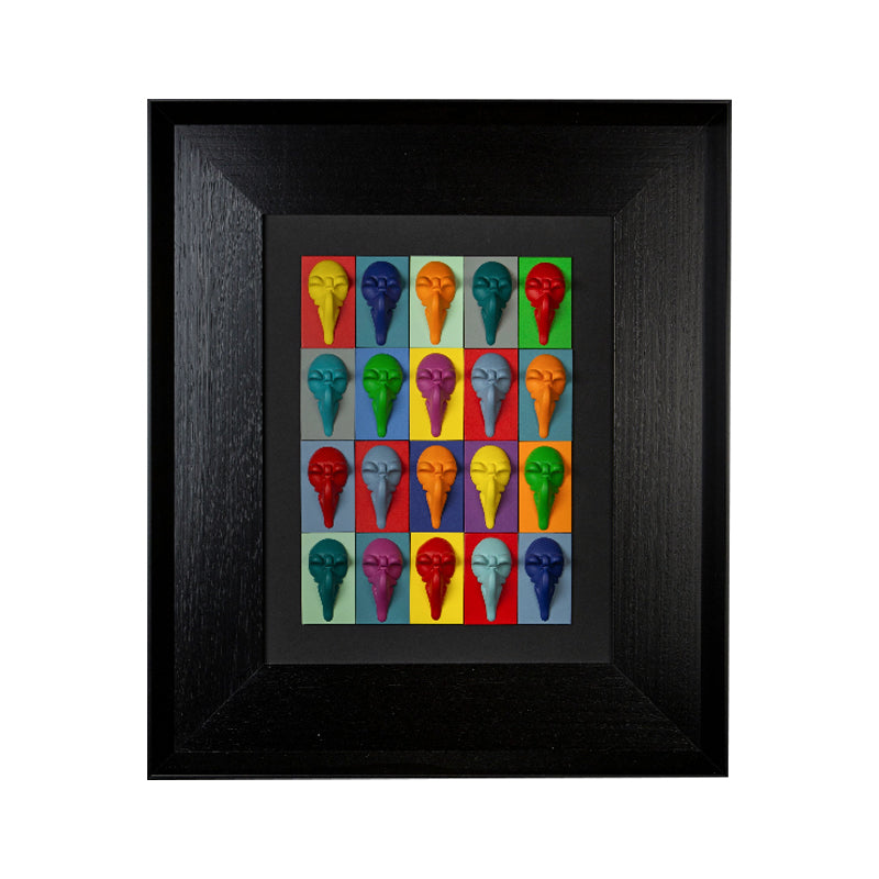 Pullecenella masks - sculptures in colored resin on colored cardboard and black background frame with Italian handcrafted frame