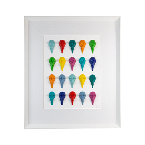 Pullecenella masks - sculptures in colored resin on a white background frame with an Italian handcrafted frame