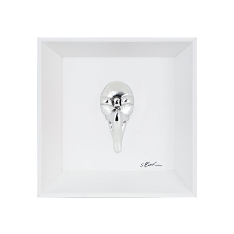 Pullecenella - the mask of Naples in chromed resin on a white background frame with an Italian handcrafted frame