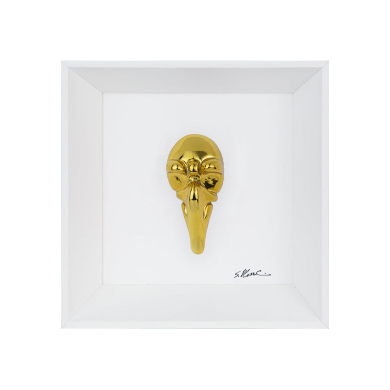 Pullecenella - la maschera di Napoli in resina cromata su quadro fondo bianco con cornice artigianale italiana
