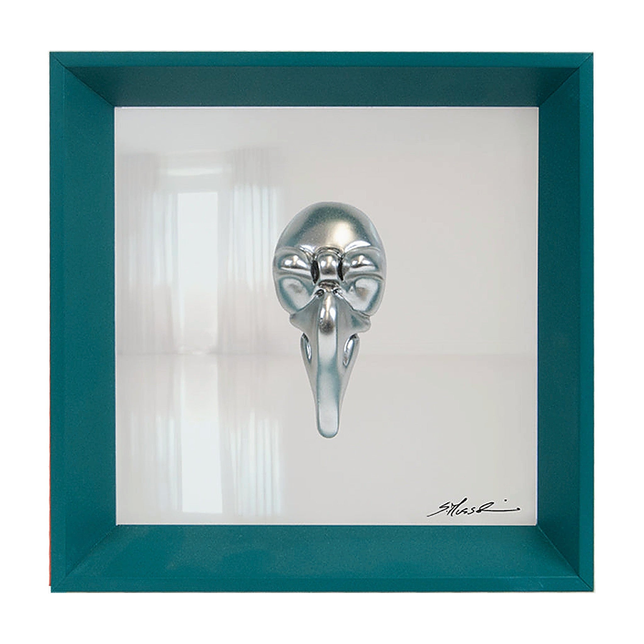 Pullecenella masks - sculptures in colored and chromed resin on colored cardboard and black background frame with Italian handcrafted frame