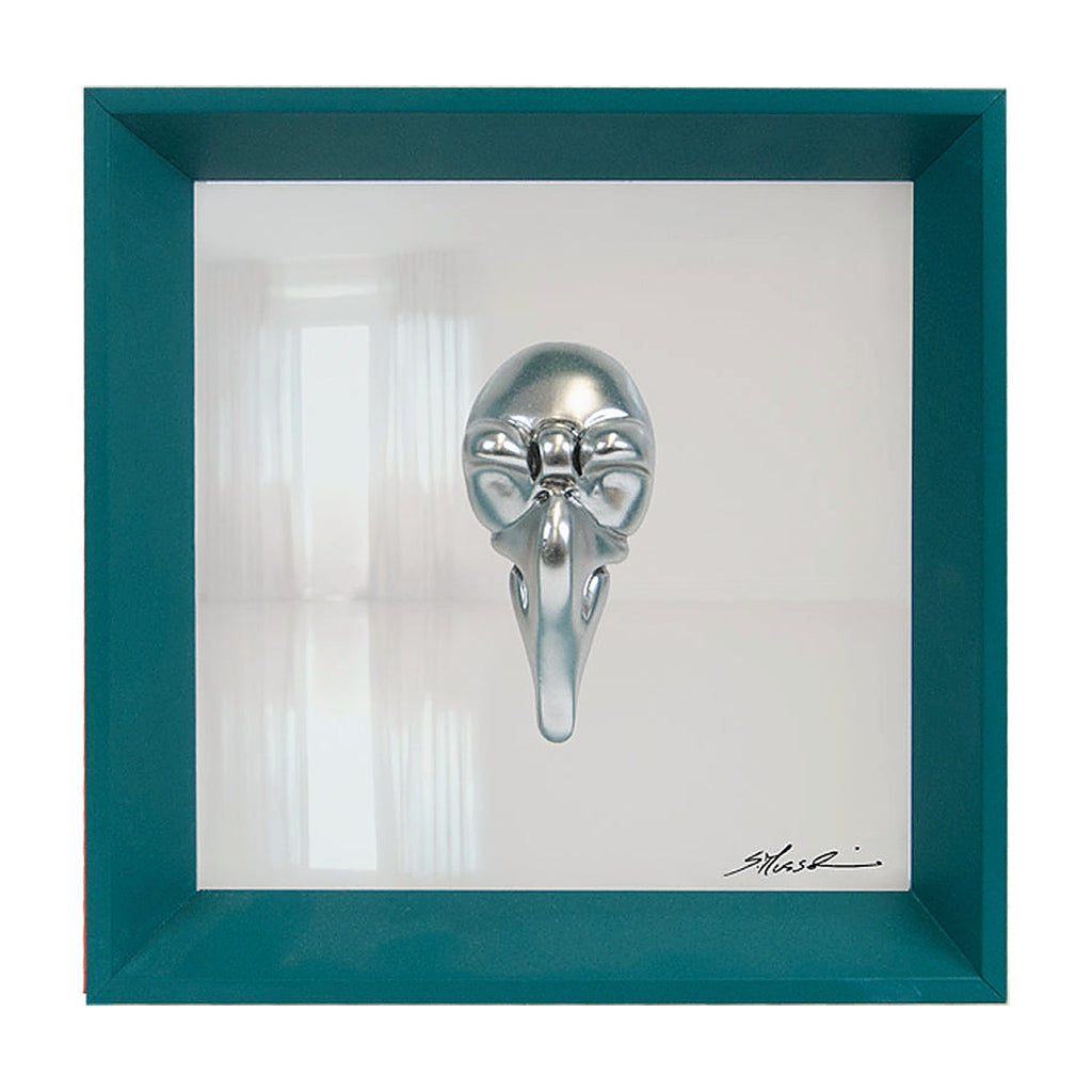 Pullecenella masks - sculptures in colored and chromed resin on colored cardboard and black background frame with Italian handcrafted frame