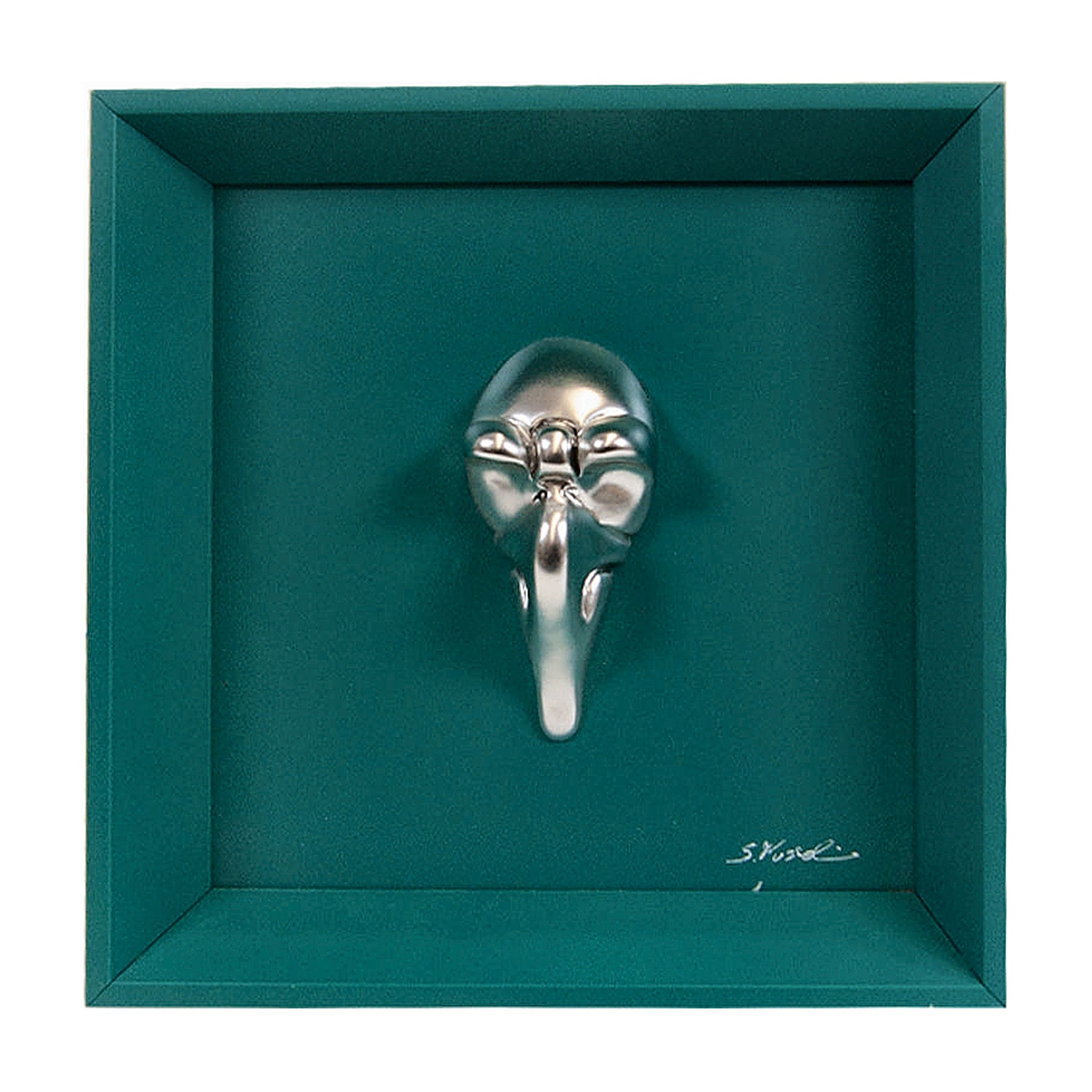 Maschere Pullecenella - sculture in resina argento su fondo turchese con cornice artigianale italiana