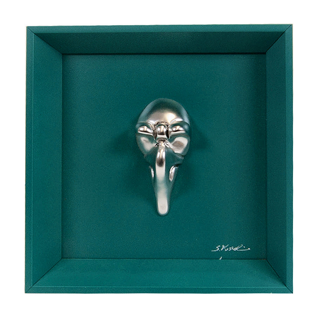 Pullecenella masks - sculptures in colored and chromed resin on colored cardboard and black background frame with Italian handcrafted frame