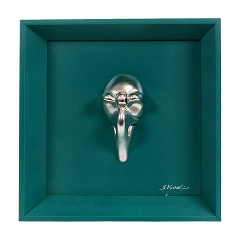 Pullecenella masks - sculptures in colored and chromed resin on colored cardboard and black background frame with Italian handcrafted frame
