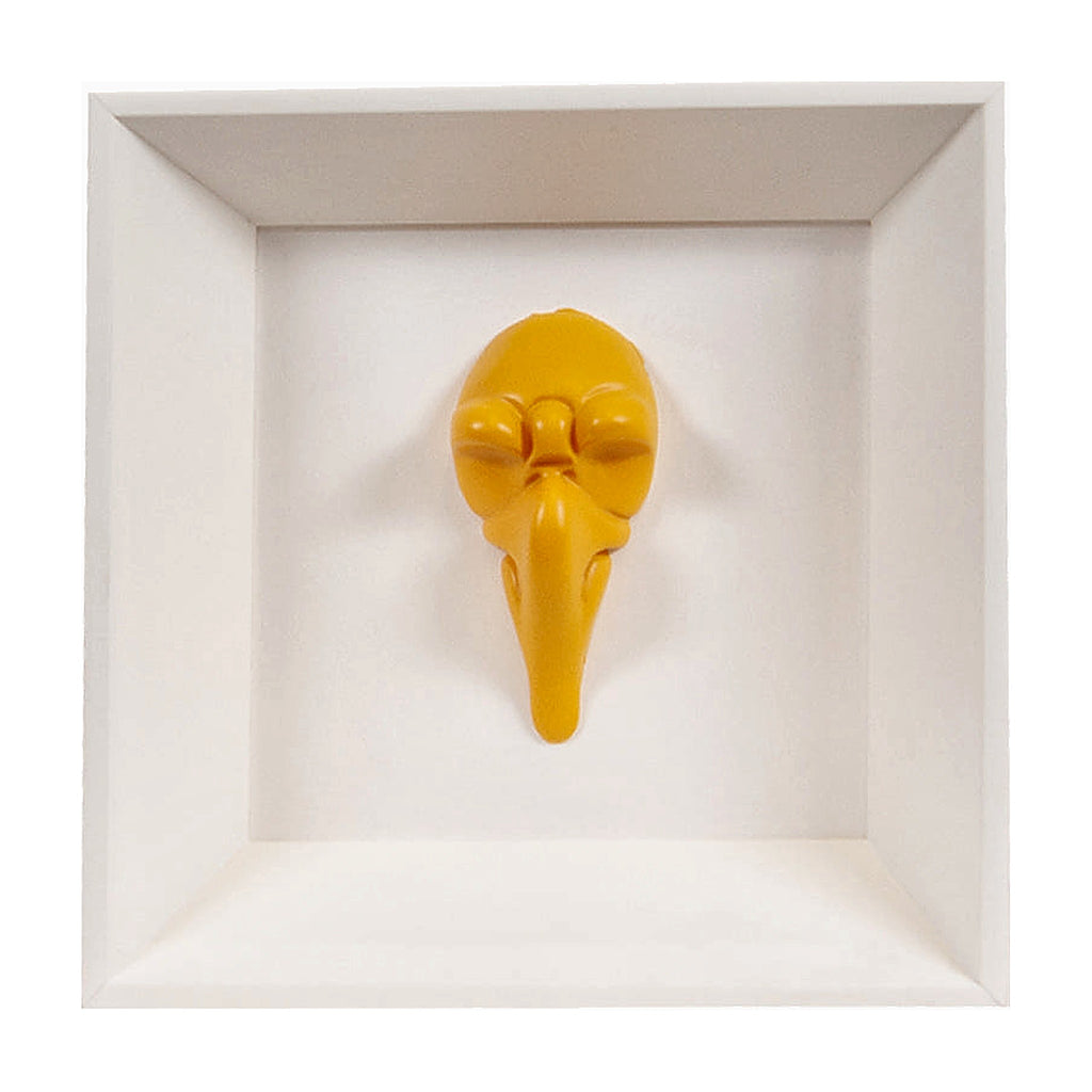 Pullecenella masks - sculptures in colored and chromed resin on colored cardboard and black background frame with Italian handcrafted frame