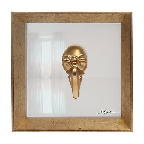 Pullecenella masks - sculptures in colored and chromed resin on colored cardboard and black background frame with Italian handcrafted frame