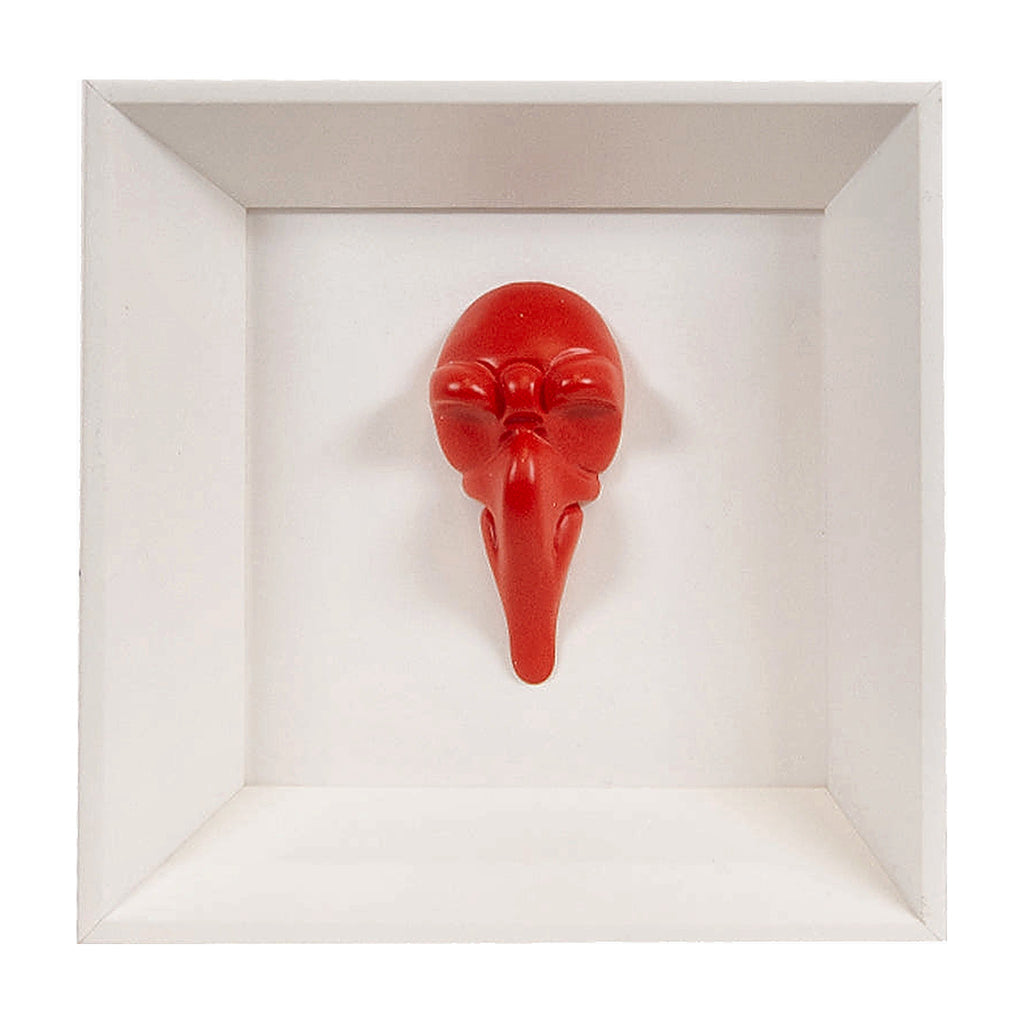 Pullecenella masks - sculptures in colored and chromed resin on colored cardboard and black background frame with Italian handcrafted frame