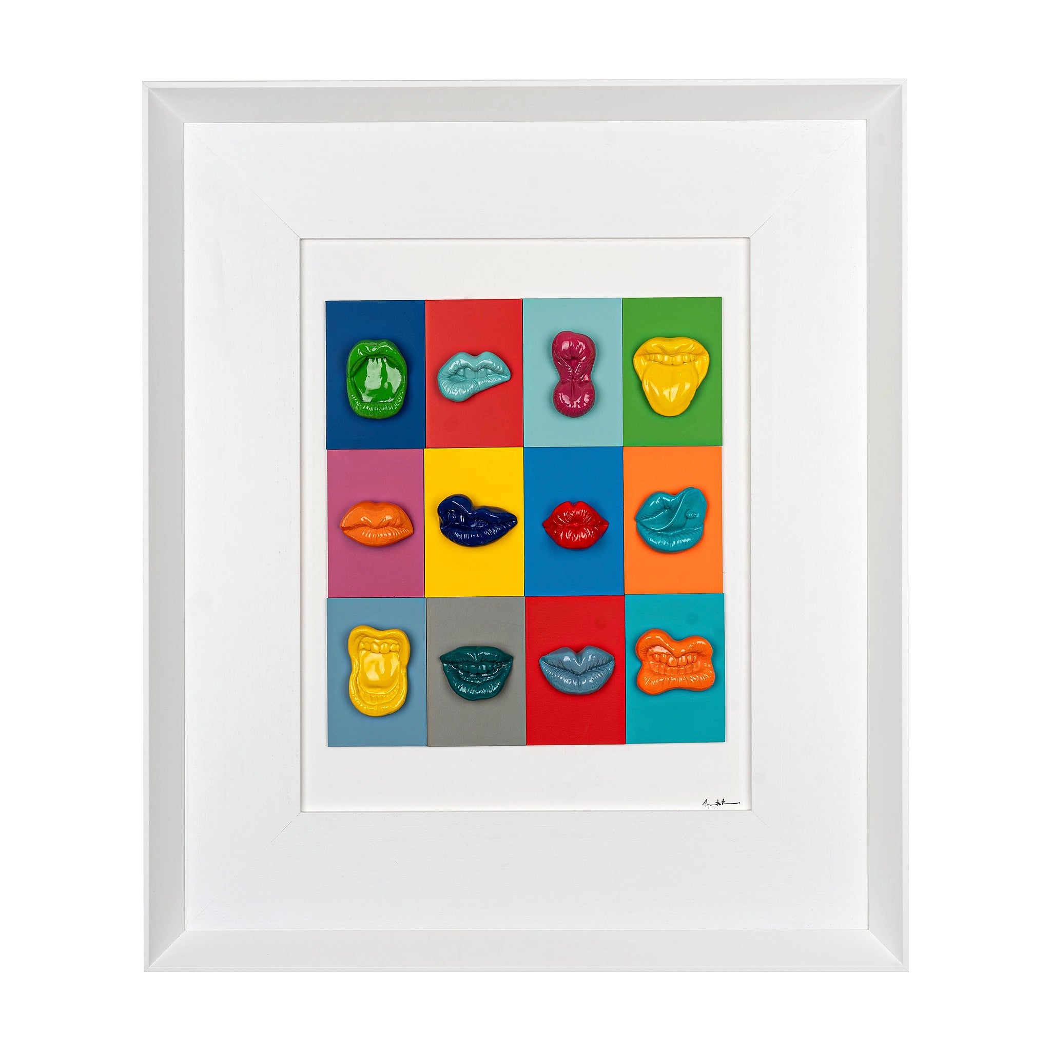 Multibocche - sculture in resina colorata lucida su cartoncino colorato e quadro fondo bianco con cornice artigianale italiana (60x70)