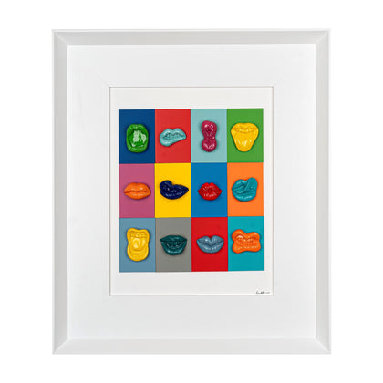 Multibocche - sculture in resina colorata lucida su cartoncino colorato e quadro fondo bianco con cornice artigianale italiana (60x70)