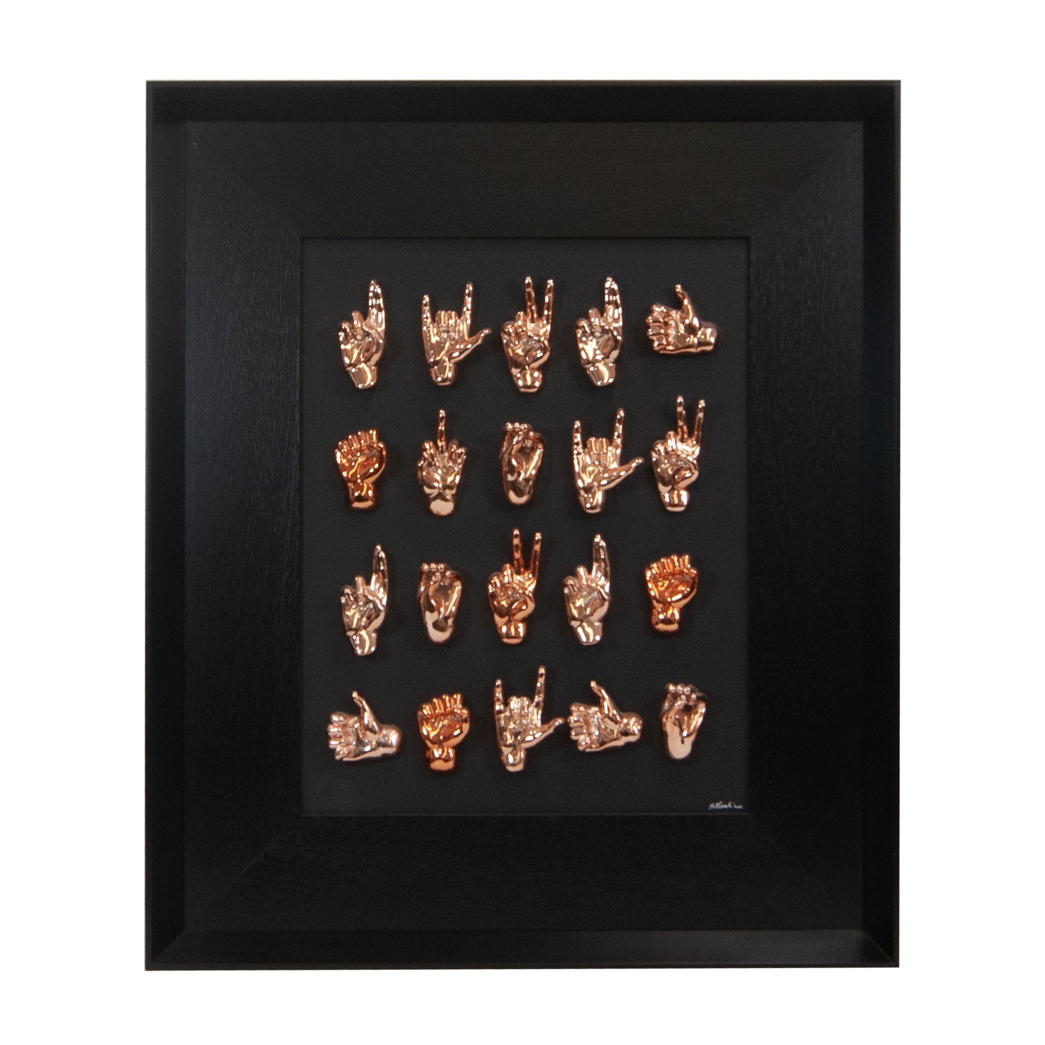 Multimani - sculture in resina shiny bronzo su quadro fondo nero con cornice artigianale italiana