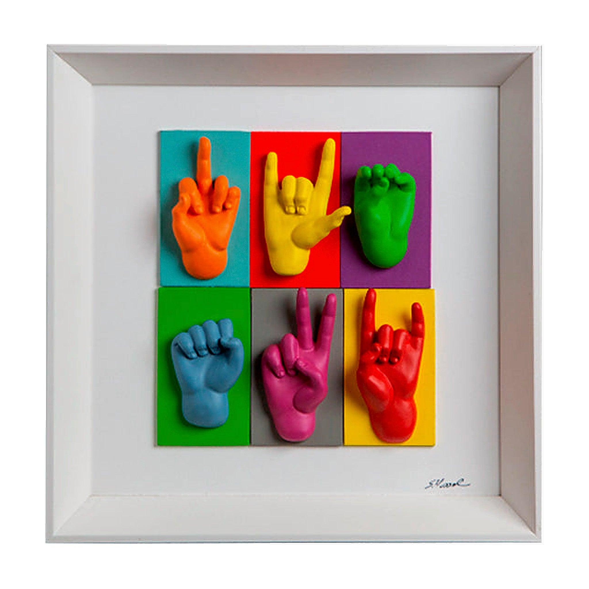 Multimani - colored resin sculptures on colored cardboard and white background frame with 30x30 Italian handcrafted frame