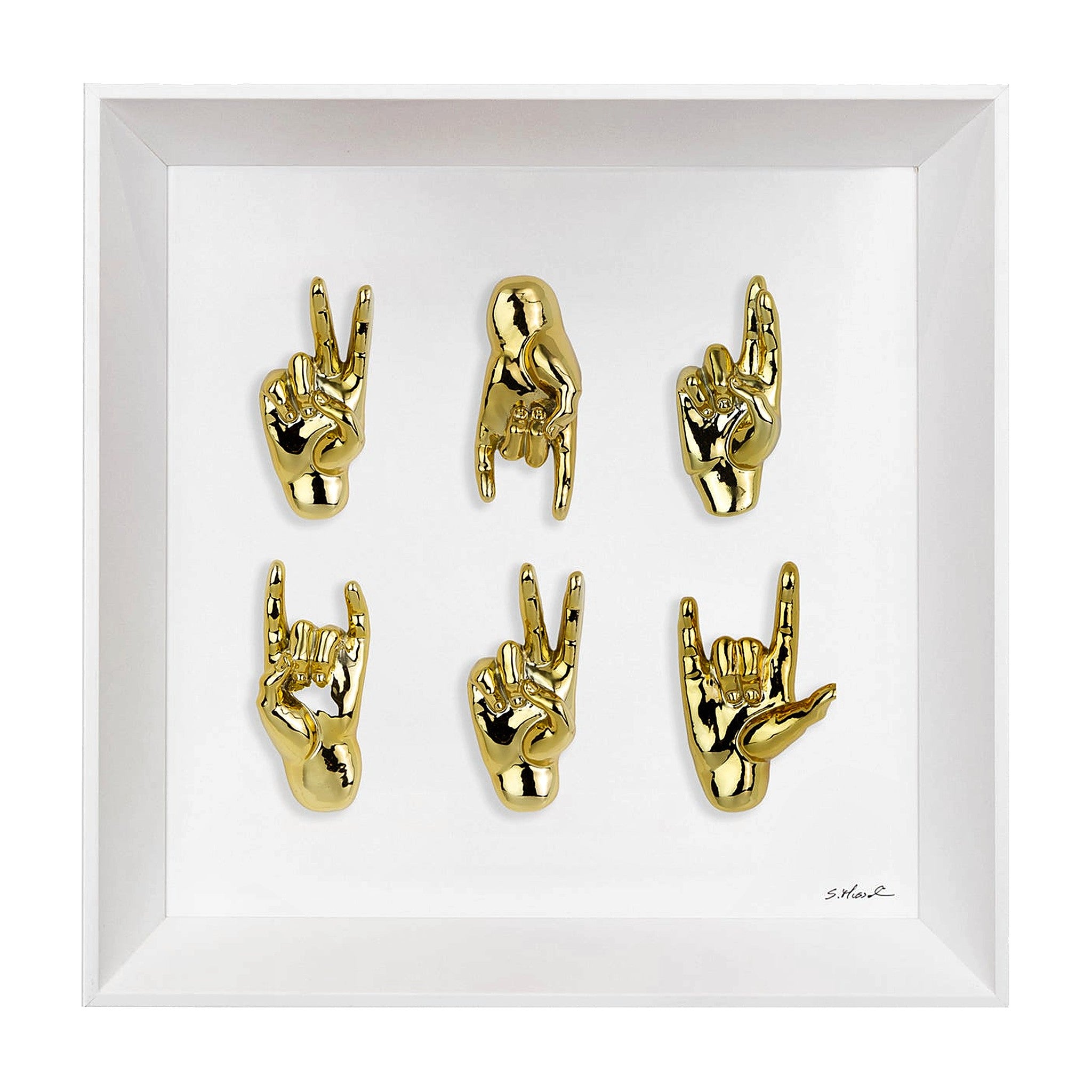 Multimani - sculptures in silver and gold SHINY resin on black background frame with Italian handcrafted frame 30x30