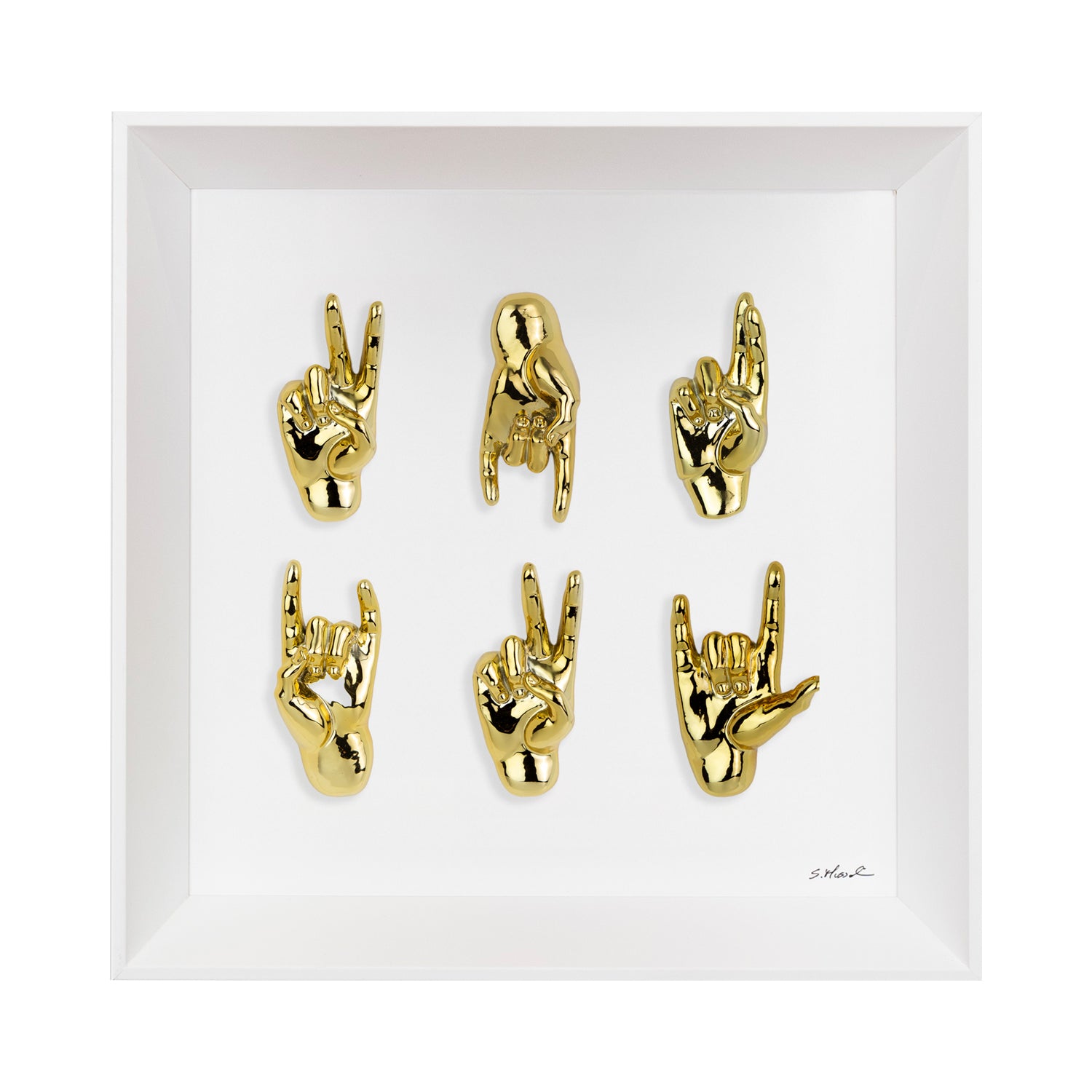 Multimani - sculture in resina cromata oro in quadro fondo bianco (vers.30x30)
