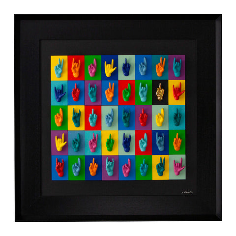 Multimani - colored resin sculptures on colored cardboard and black background frame with Italian handcrafted frame