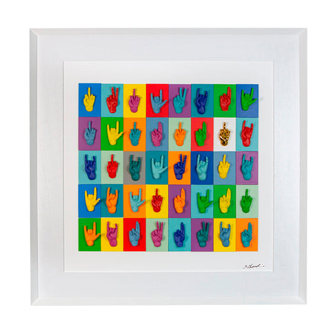 Multimani - colored resin sculptures on colored cardboard and white background frame with Italian handcrafted frame