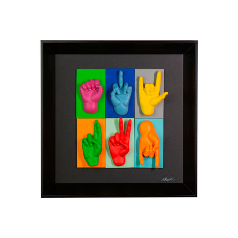 Multimani - colored resin sculptures on colored cardboard and black background frame with 30x30 Italian handcrafted frame
