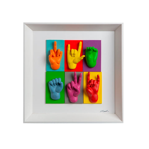 Multimani - colored resin sculptures on colored cardboard and white background frame with 30x30 Italian handcrafted frame