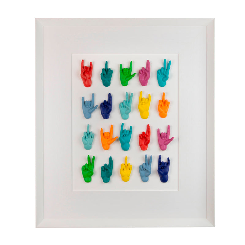 Multimani - sculptures in colored resin on a white background with an Italian handcrafted frame