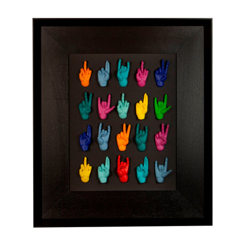 Multimani - sculptures in colored resin on a black background frame with an Italian handcrafted frame