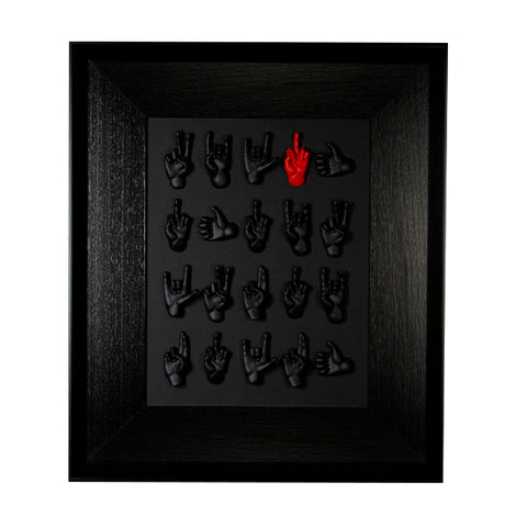 Multimani - sculptures in tone-on-tone colored resin and a red one on a black background frame with an Italian handcrafted frame