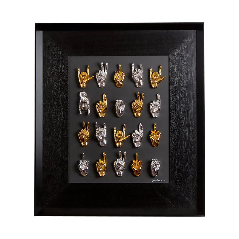 Multimani - sculptures in shiny silver and gold resin on black background frame with Italian handcrafted frame (vers. 2)