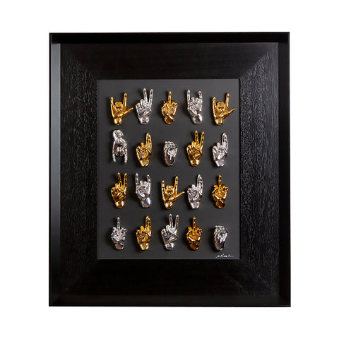 Multimani - sculptures in shiny silver and gold resin on black background frame with Italian handcrafted frame (vers. 2)