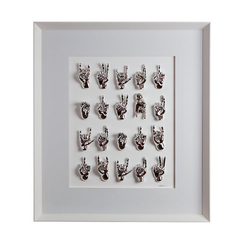 Multimani - sculptures in shiny silver resin on a white background frame with an Italian handcrafted frame