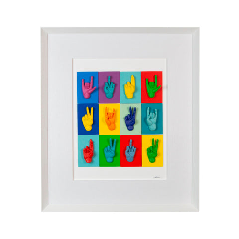 Multimani - colored resin sculptures on colored cardboard and white background frame with Italian handcrafted frame (vers 2)