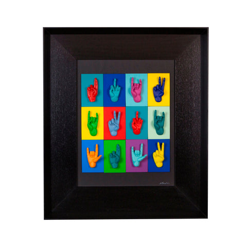 Multimani - colored resin sculptures on colored cardboard and black background frame with Italian handcrafted frame (vers 2)
