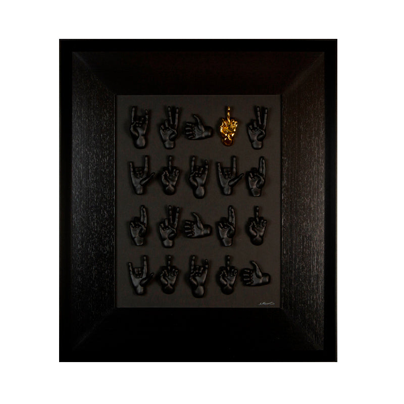 Multimani - sculptures in colored and gilded resin on a black background frame with an Italian handcrafted frame